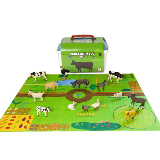 Realistic Farm Animals Playset with Soft Playmat & Storage Box Set 1 – 14 Hand-Painted Farm Animal Toys for Kids