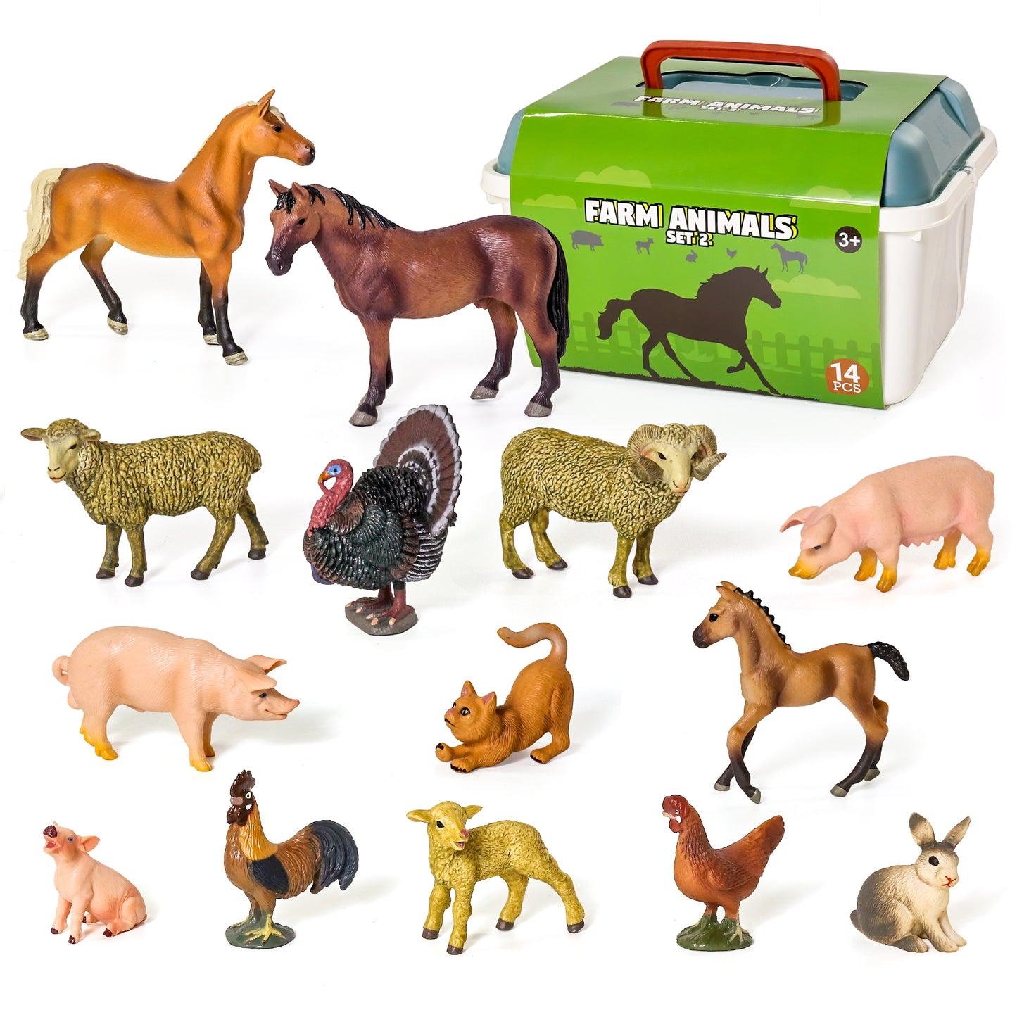 Realistic Farm Animals Playset with Soft Playmat & Storage Box Set 2 – 14 Hand-Painted Farm Animal Toys for Kids