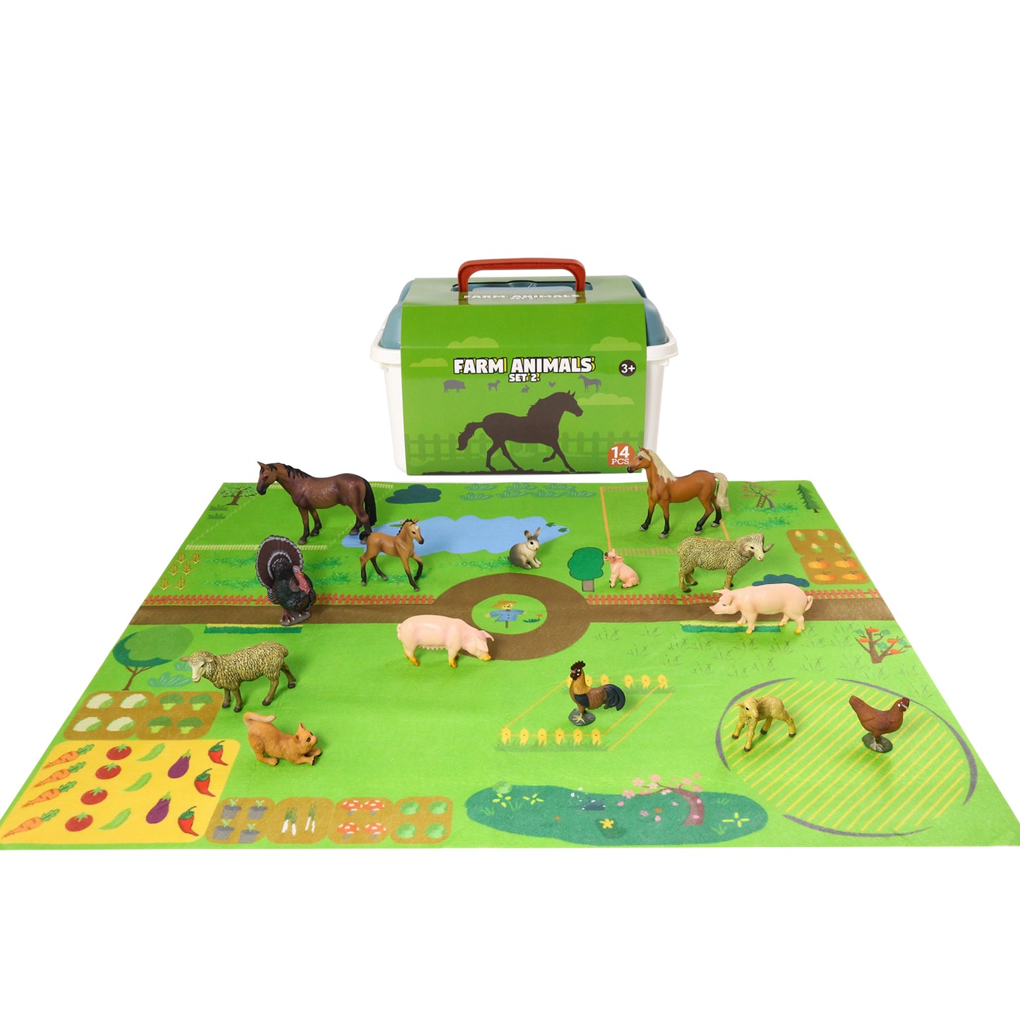 Realistic Farm Animals Playset with Soft Playmat & Storage Box Set 2 – 14 Hand-Painted Farm Animal Toys for Kids