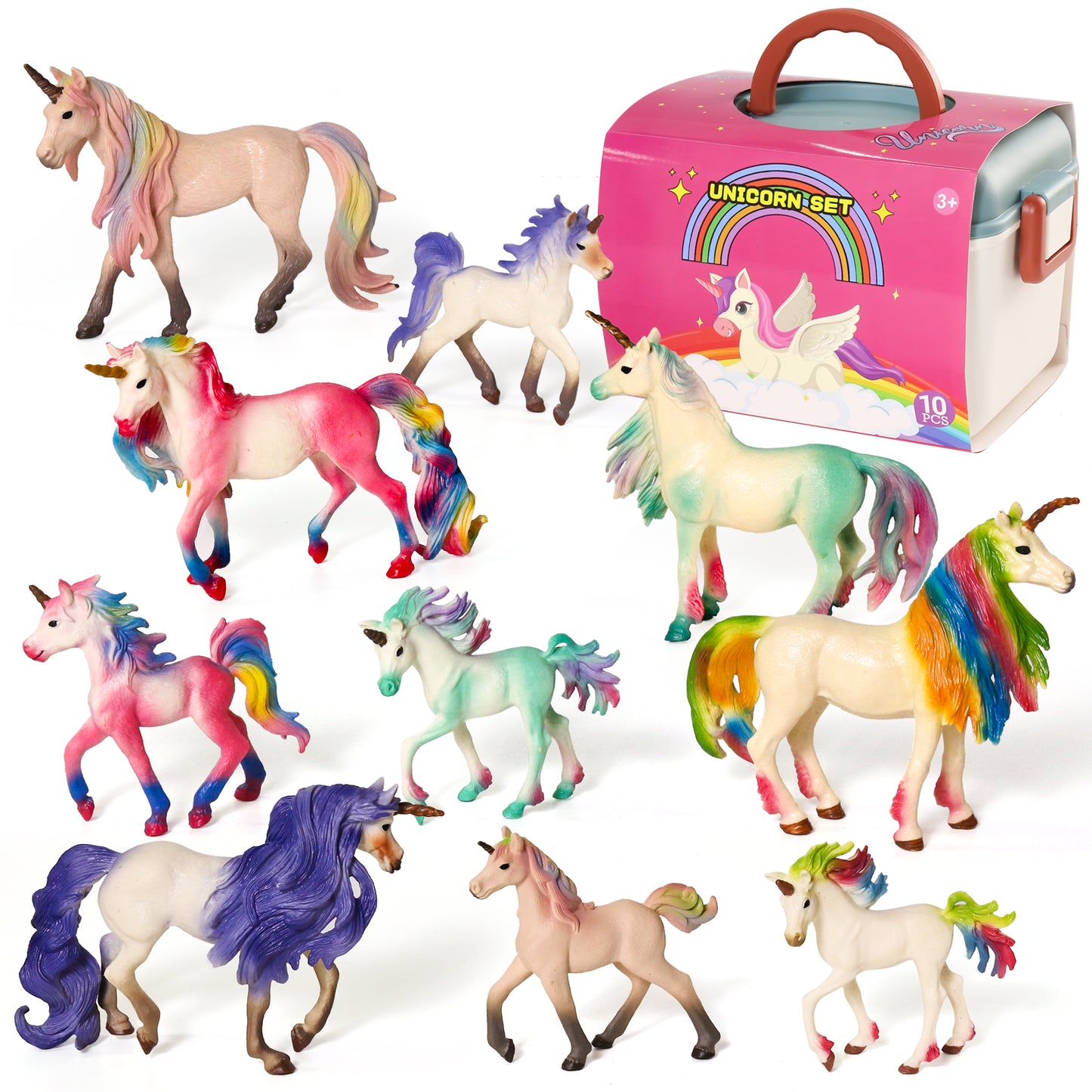 Realistic Unicorn Figures Playset with Soft Playmat & Storage Box – 10 Hand-Painted Unicorn Toys for Kids