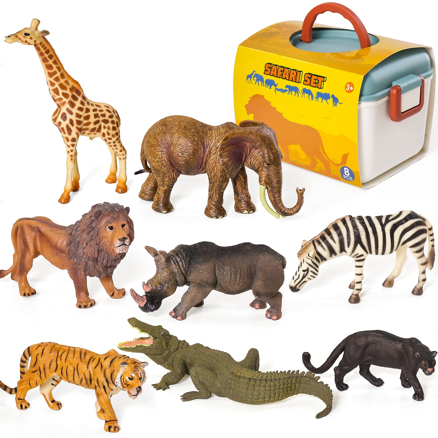 Realistic Safari Animals Playset with Soft Playmat & Storage Box – 8 Hand-Painted Safari Animal Toys for Kids