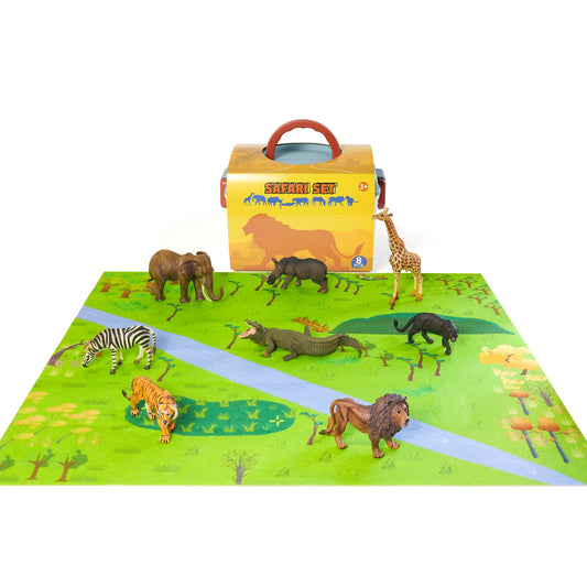 Realistic Safari Animals Playset with Soft Playmat & Storage Box – 8 Hand-Painted Safari Animal Toys for Kids